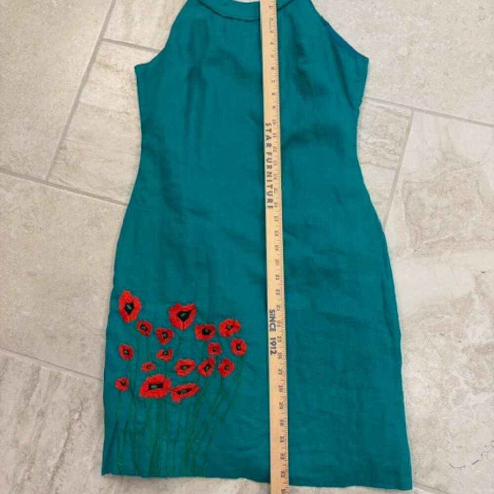 Salma 100% Linen Floral Embroidery Green A-line Dress Size Medium Classic Resort - Picture 9 of 9